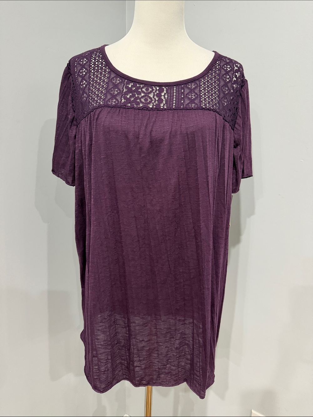 Faded Glory Plum Short Sleeve Lace Yoke Top